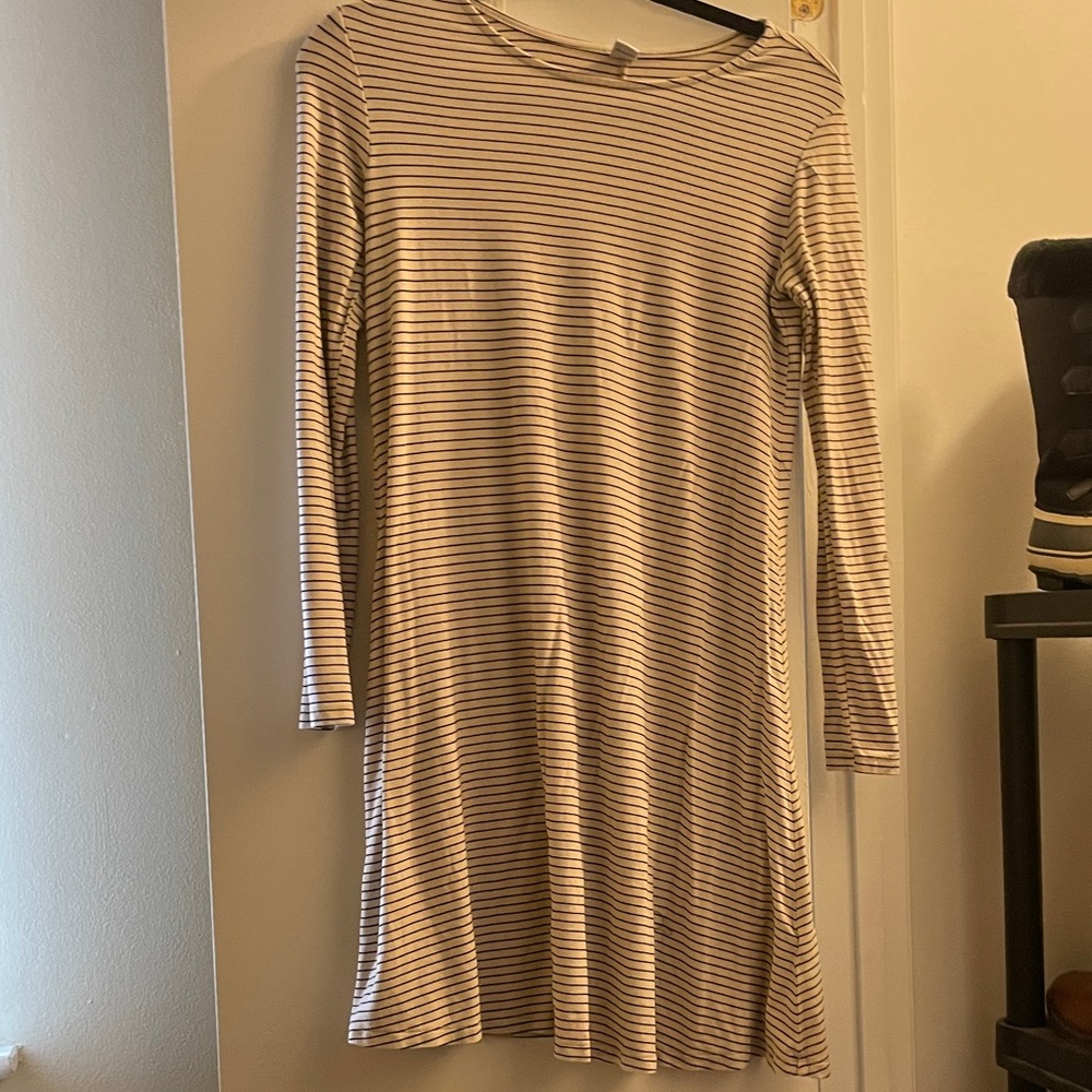 Old Navy Beige and Black Striped Long Sleeve Dress